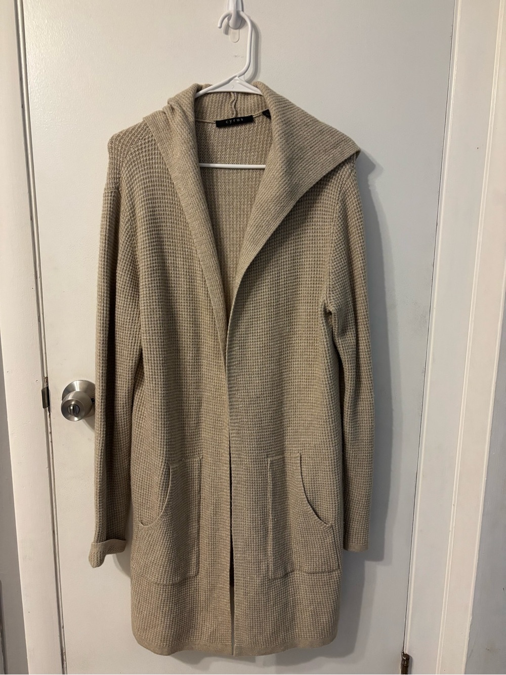 Cyrus Long Hooded Waffle-Knit Open Cardigan in Beige